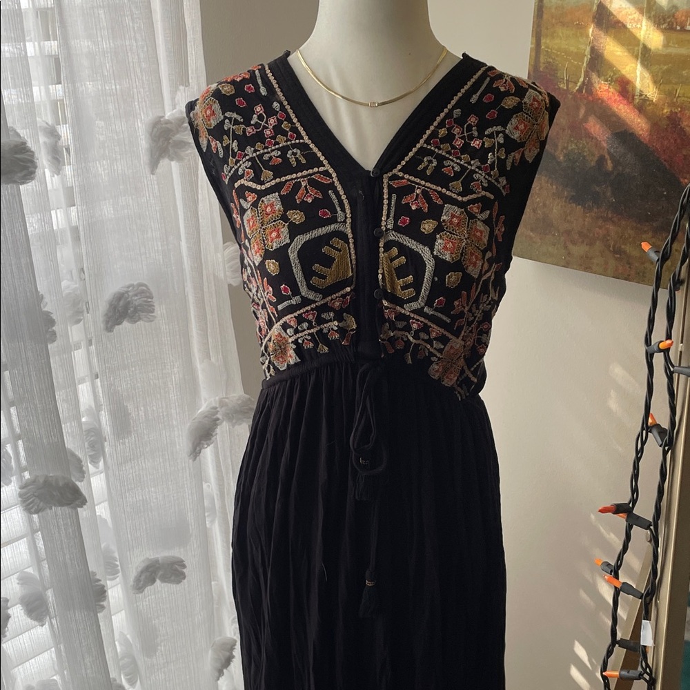 Lucky Brand Black Maxi Dress with Colorful Embroidery